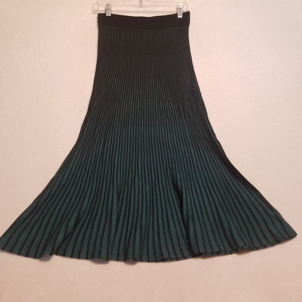 Nanette Lepore S Skirt Midi Ribbed Knit Black Teal Stripe Flare Hem Retro Preppy